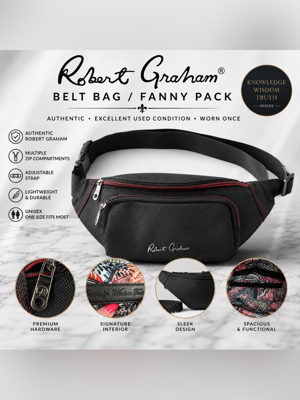 Robert Graham Black Belt Bag Fanny Pack Crossbody Adjustable EUC Authentic